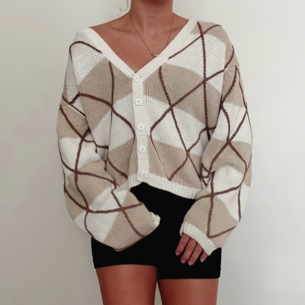 Dress barn hand knitted sweater, L, brown, tan, cream